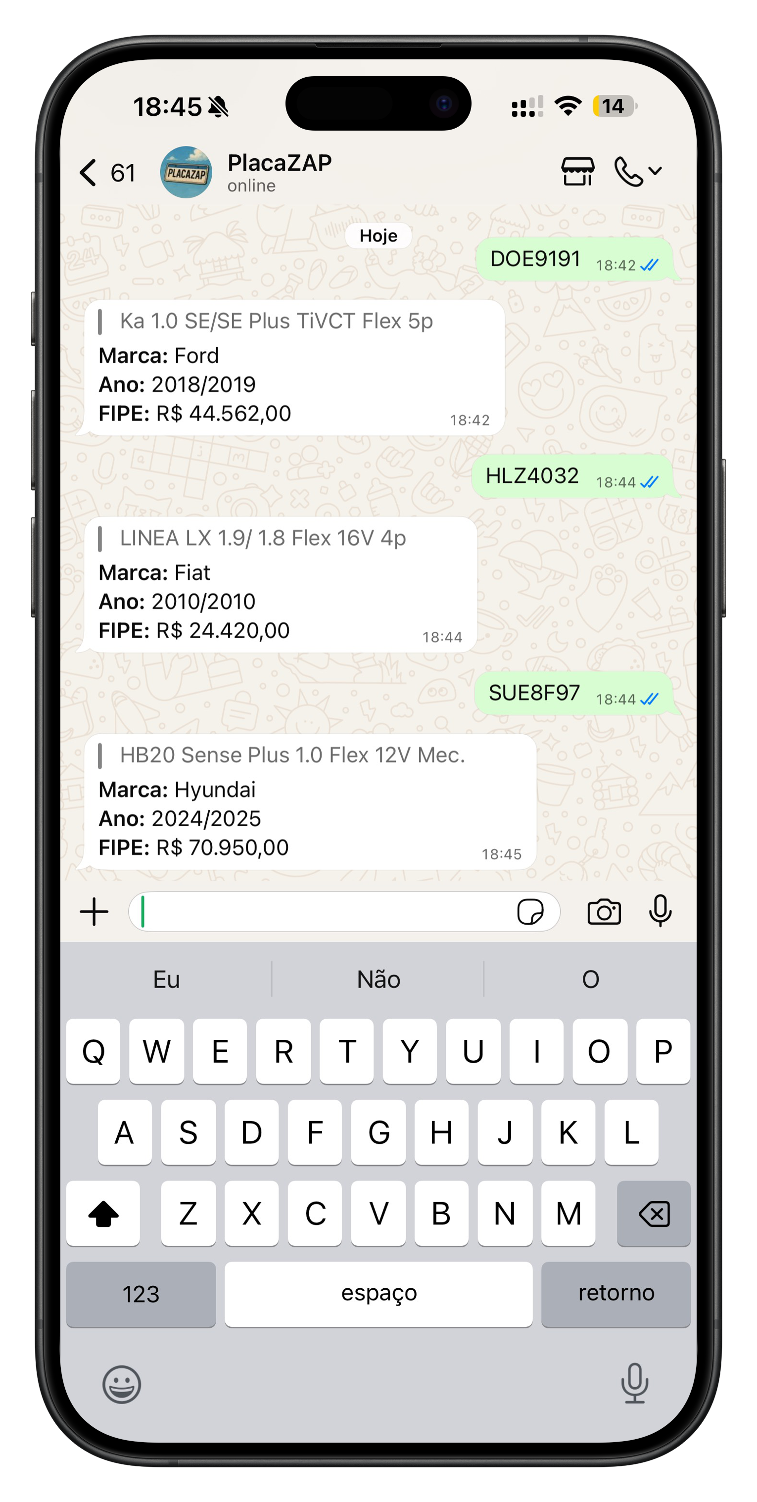 Demonstração do PlacaZAP no WhatsApp mostrando consultas FIPE